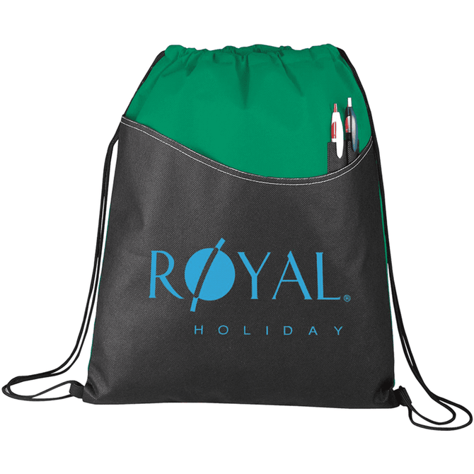 A green and black drawstring sportspack with a front pocket designed to hold pens and featuring a logo.