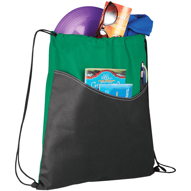 A green and black drawstring sportspack with a frisbee, sunglasses, a shirt, and brochures inside. It features a logo.