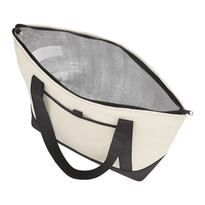 A non-woven boat tote cooler in cream and black with a zippered top and insulated interior. Includes a logo.
