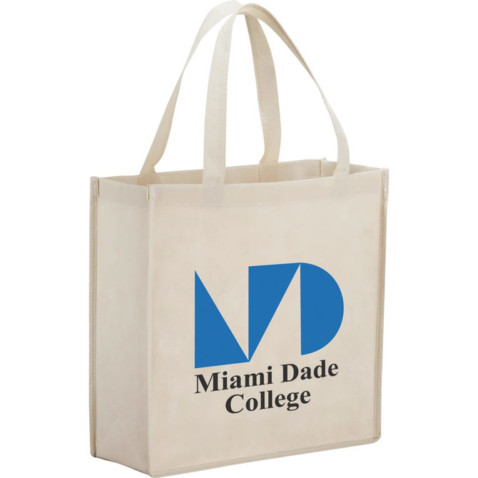 A cream tote bag with two handles, featuring a logo on one side.