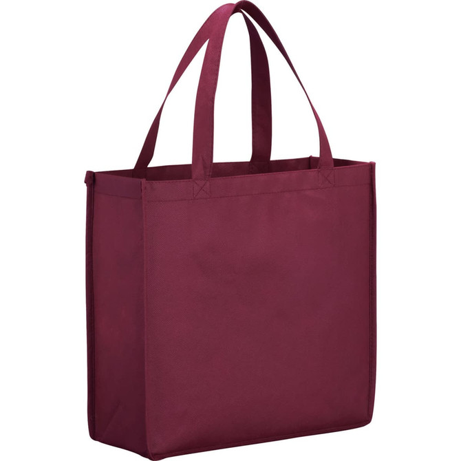 A maroon non-woven tote bag with two sturdy handles and a rectangular shape. It features a logo on one side.