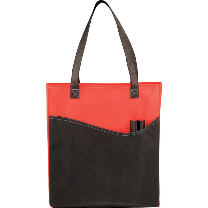 A red and black non-woven tote bag featuring a curved design and a front pocket with pens.