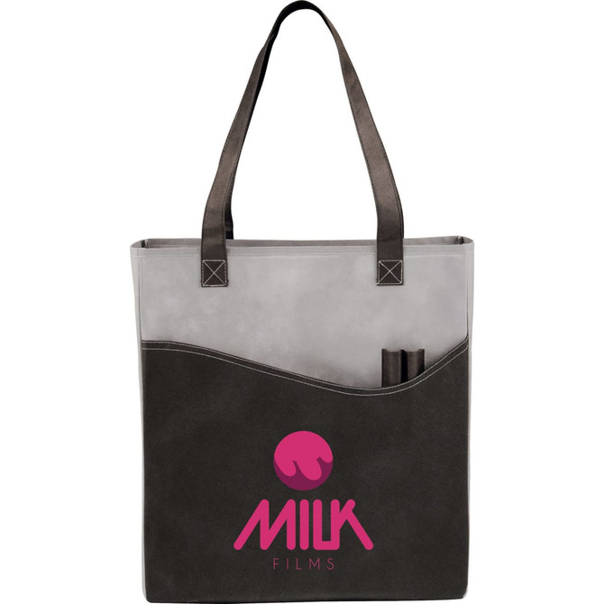 A black non-woven tote bag with a transparent front pocket and a logo, featuring two sturdy handles.