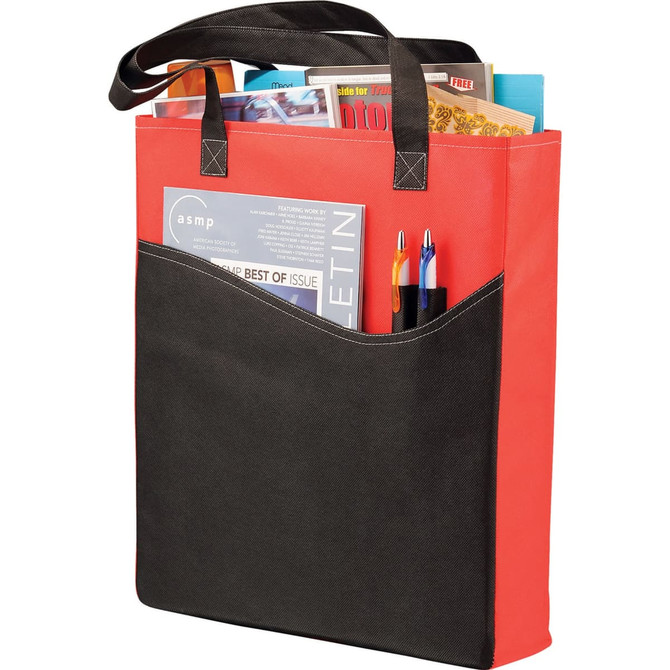 A red and black non-woven tote bag with various items, including magazines and pens, visible inside. It has a logo.