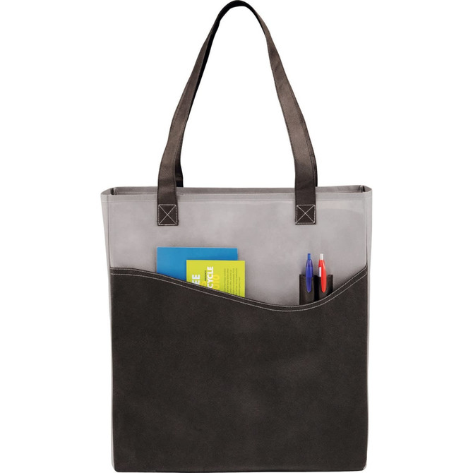 A grey tote bag with a clear front pocket, featuring a few pens and a notepad inside.