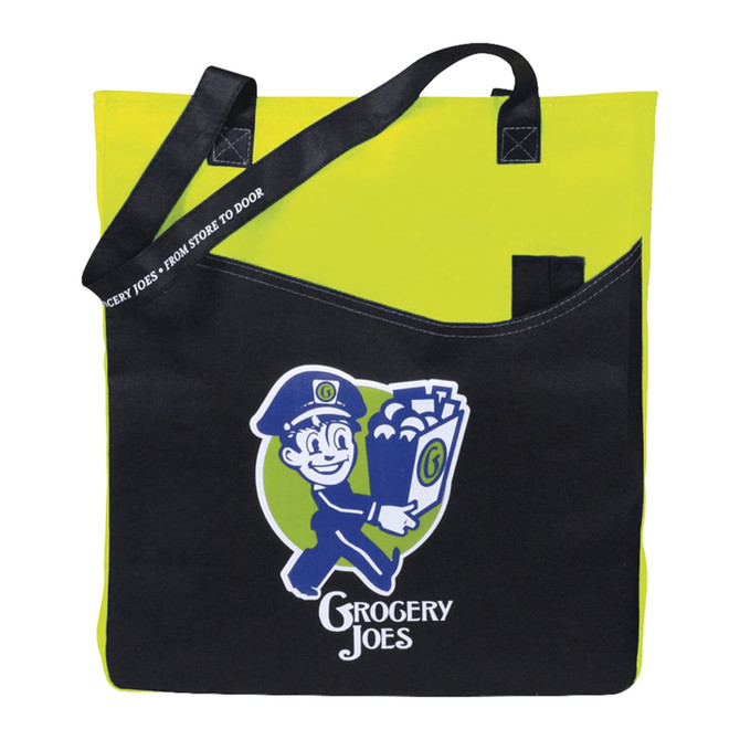 A black and lime green non-woven tote bag with a single strap and a logo on the front.