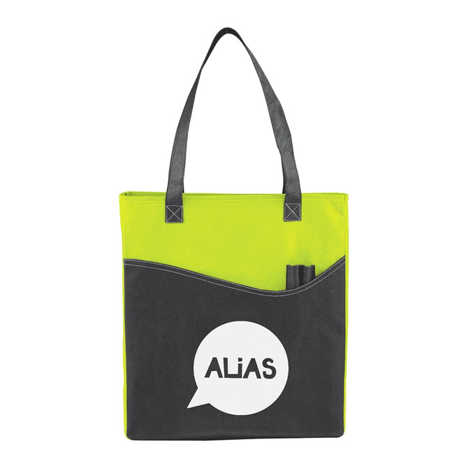 A non-woven tote bag in bright lime green and black with a logo and a pocket.
