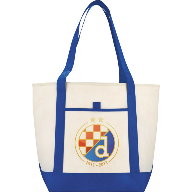 A cream and blue tote bag featuring a logo on the front and blue handles. Ideal for carrying various items.