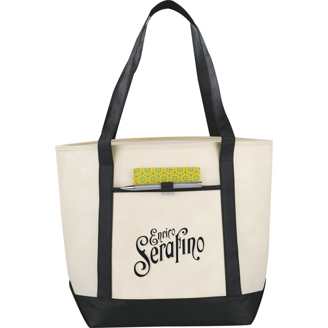 A large cream tote bag with black handles and bottom, featuring a logo on the front and a patterned pocket inside.