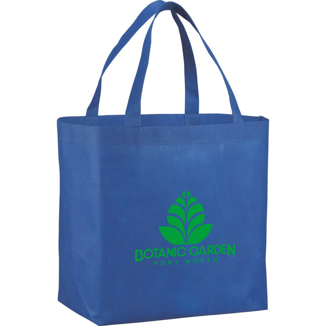 A blue non-woven shopper tote bag with two handles and a logo on the front.