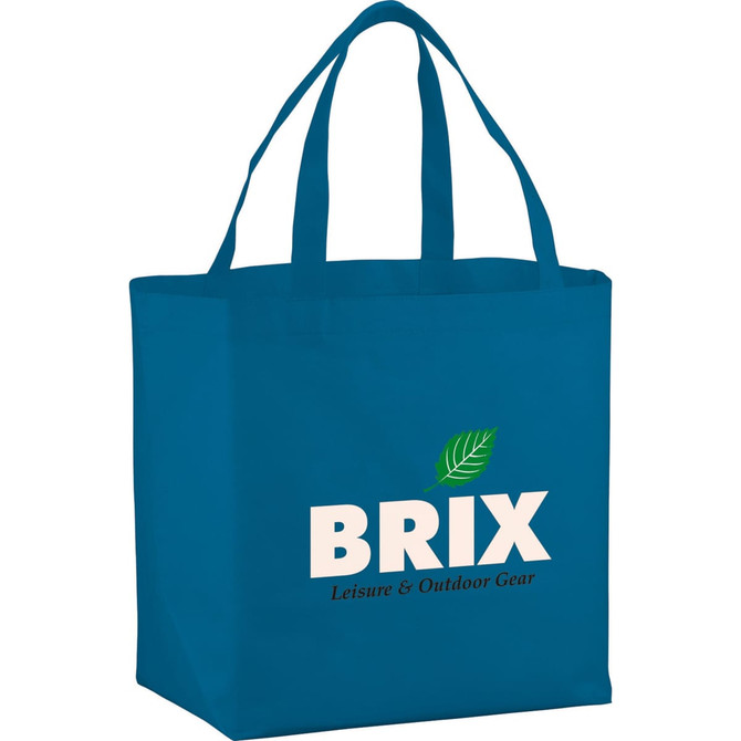 A blue non-woven tote bag with two handles and a logo featuring the word "BRIX."