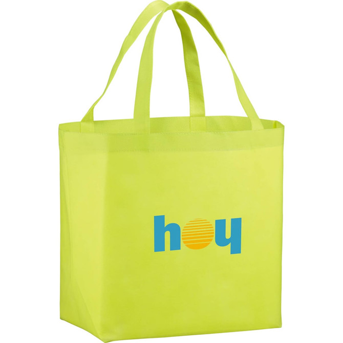 A bright lime green non-woven shopper tote bag with two handles and a logo on the front.