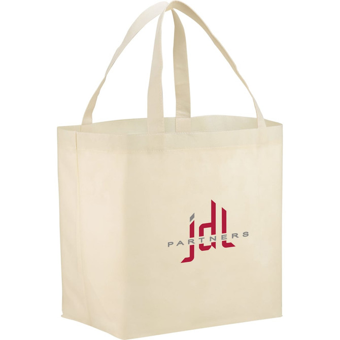 A cream non-woven shopper tote with two handles and a logo printed on the front.