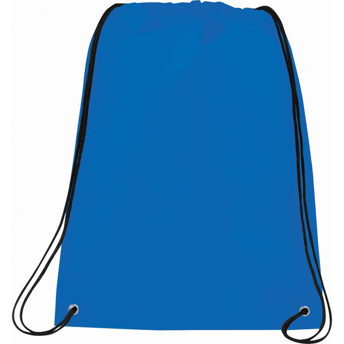 A blue drawstring sportspack with black cords and a simple design, featuring a logo.
