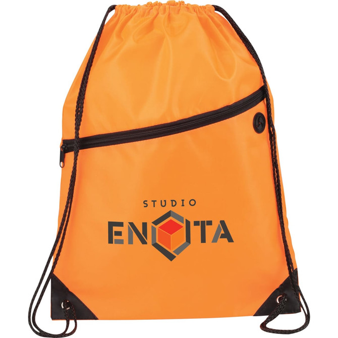 An orange drawstring sportspack with a front zip pocket and black accents, featuring a logo.