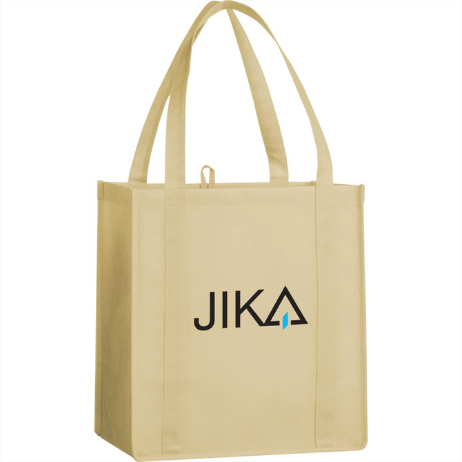 A cream-coloured reusable grocery tote with two handles and a logo on the front.