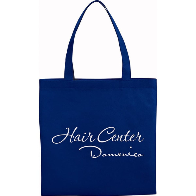 A navy blue non-woven tote bag with long handles and a logo on the front.