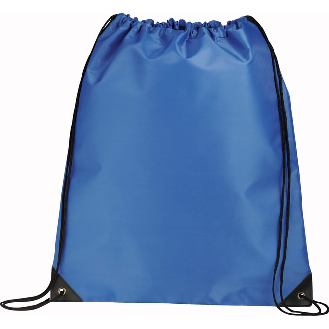 A large blue drawstring sportspack with black accents and a logo at the bottom.