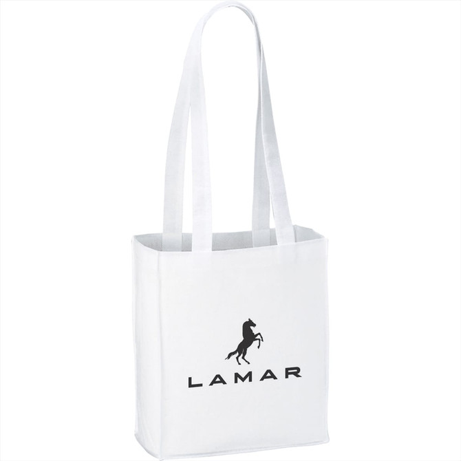 A white non-woven tote bag with long handles and a logo on the front.