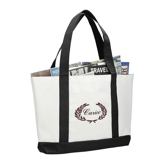 A large white and black tote bag with a logo, filled with newspapers and magazines.