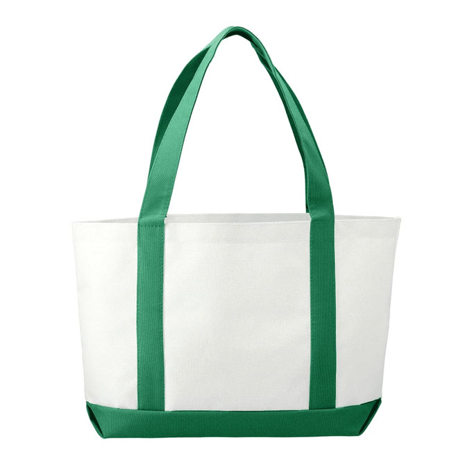 A large tote bag in white with green handles, featuring a logo on one side.