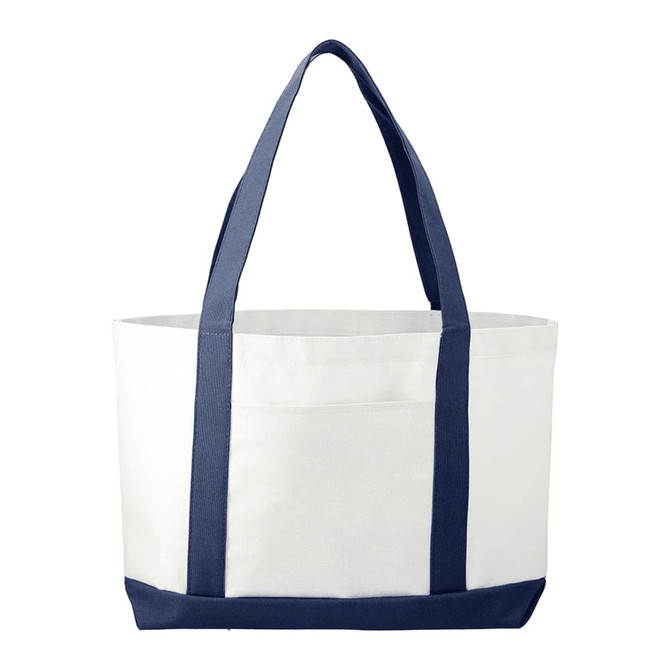 A large tote bag in white with navy blue handles and base, featuring a front pocket and a logo.