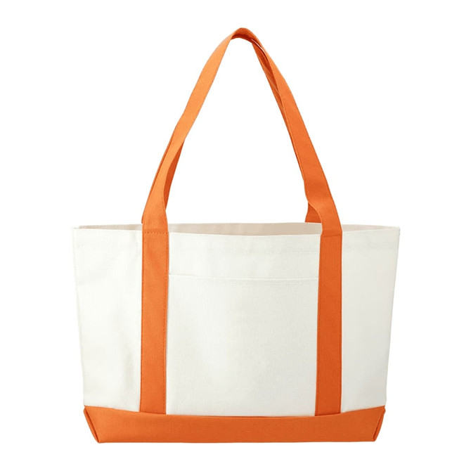 A large tote bag featuring a cream body with bright orange handles and bottom, equipped with a logo.