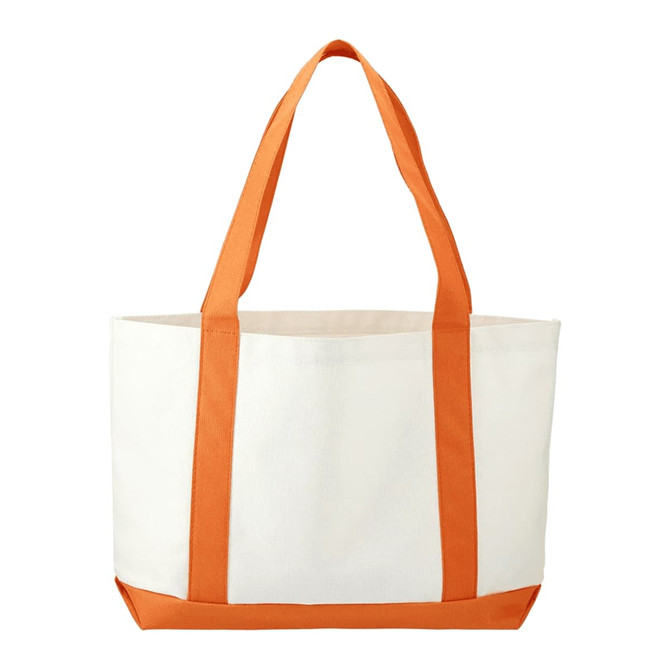 A large tote bag in cream with orange straps. Features a simple design and includes a logo.