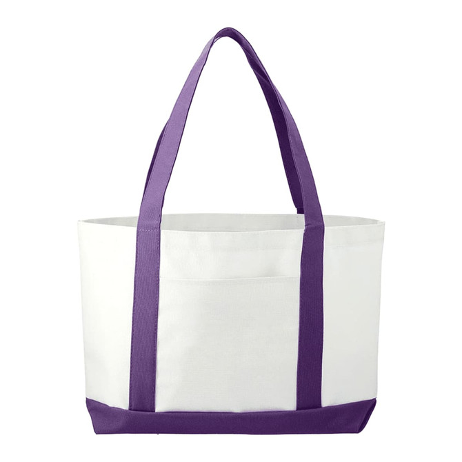 A large tote bag in white with purple handles and base, featuring a logo. Suitable for carrying various items.
