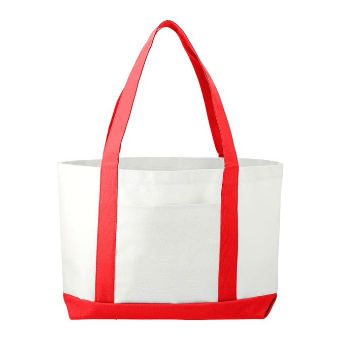 A large tote bag in cream with red handles, featuring a pocket on one side and a simple design.