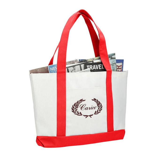 A large white tote bag with red handles, featuring a logo and holding newspapers inside.