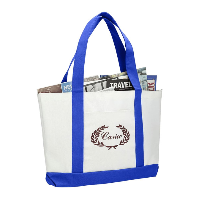 A large tote bag in white with blue handles and a logo, filled with newspapers.