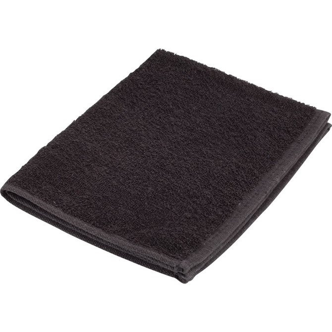 A black gym towel with a textured surface, folded neatly. It has a simple design with a subtle logo.