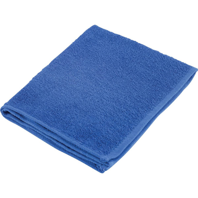 A folded blue gym towel is displayed, featuring a soft, textured fabric and a logo.