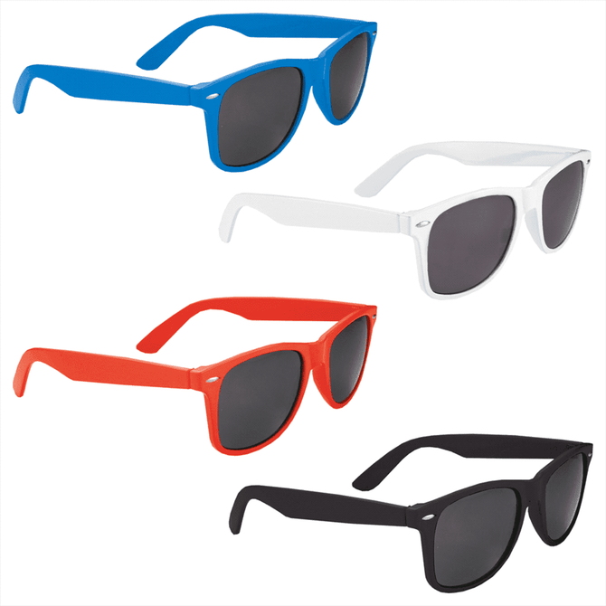 A selection of promotional sunglasses in blue, white, red, and black, featuring dark lenses and a logo.