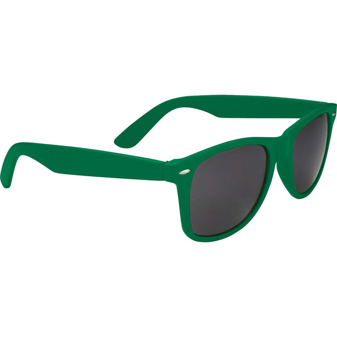 Green sunglasses with dark lenses and a sleek design. The glasses feature a logo on the side.