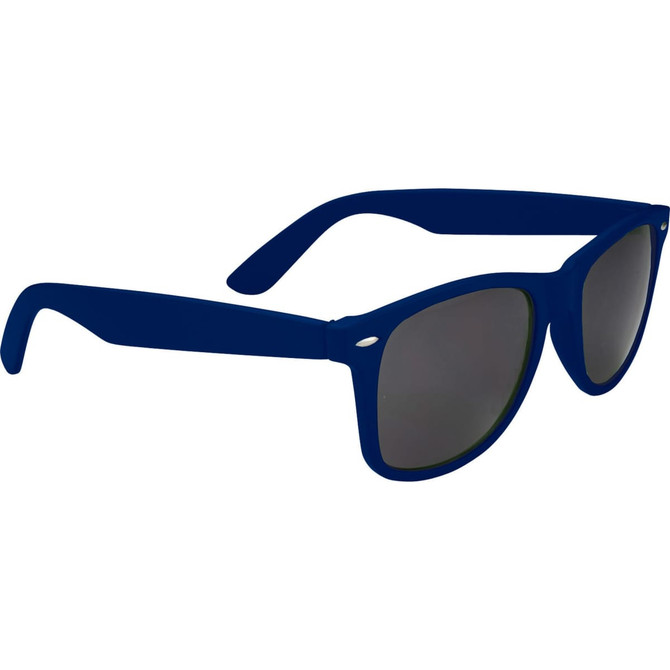 Blue sunglasses with dark lenses and a logo on the side, designed for leisure and outdoor activities.