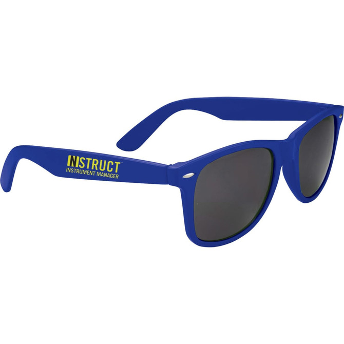 Blue promotional sunglasses with dark lenses and a logo on the side. Ideal for leisure and outdoor activities.
