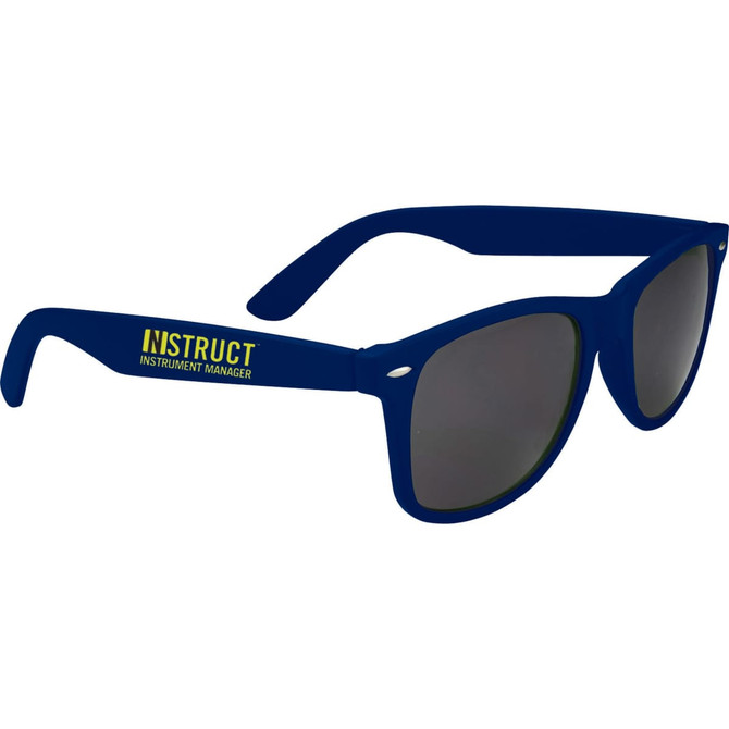 Navy blue promotional sunglasses with a logo on the arm and grey lenses, suitable for leisure and outdoor activities.