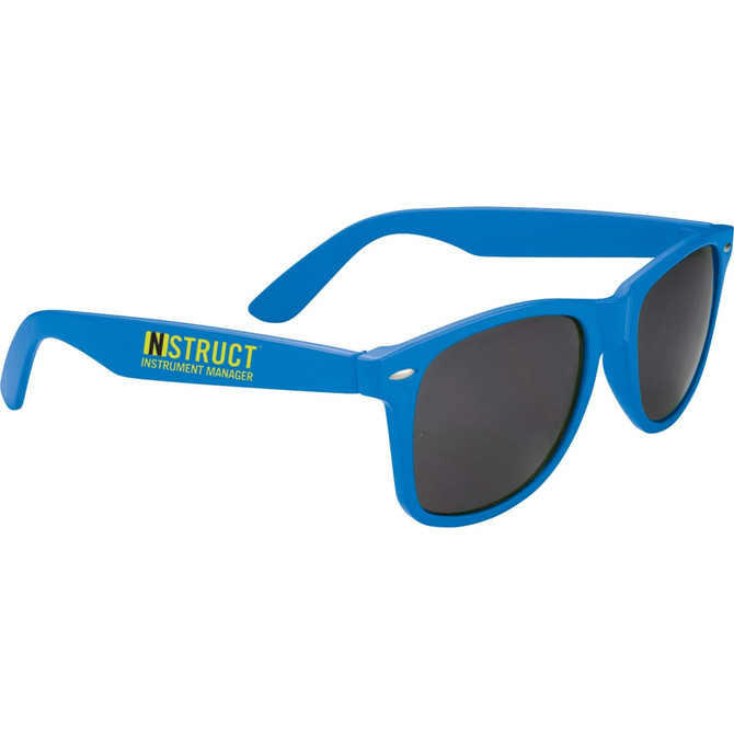 Bright blue sunglasses with dark lenses and a branding logo on the side. Ideal for leisure and outdoor activities.
