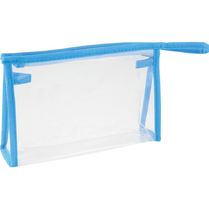 A clear toiletries bag with a light blue fabric trim and handle, featuring a logo on the side.