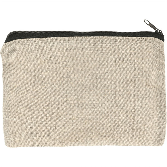 A beige recycled cotton twill pouch with a black zipper, featuring a logo on the front.