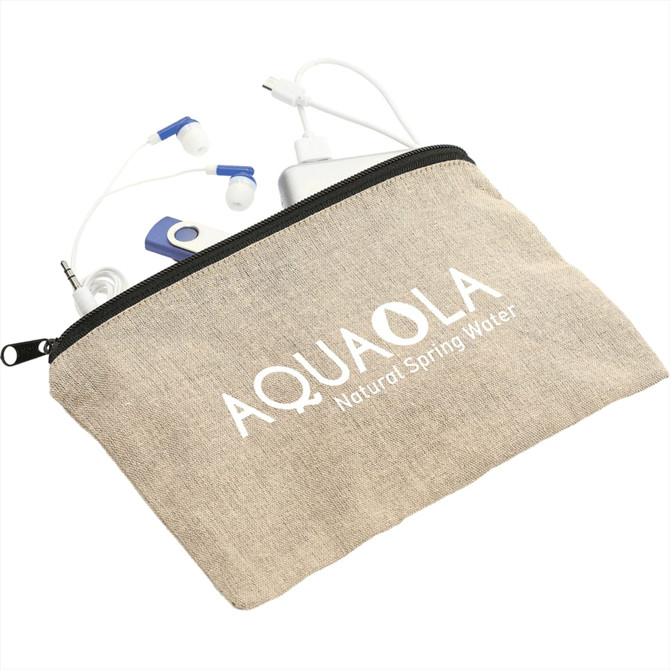 Recycled cotton twill pouch in beige with a logo, containing a charger and earphones.
