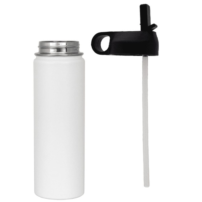 A drink bottle in white with a stainless steel finish, accompanied by a black lid and straw. Features a logo.