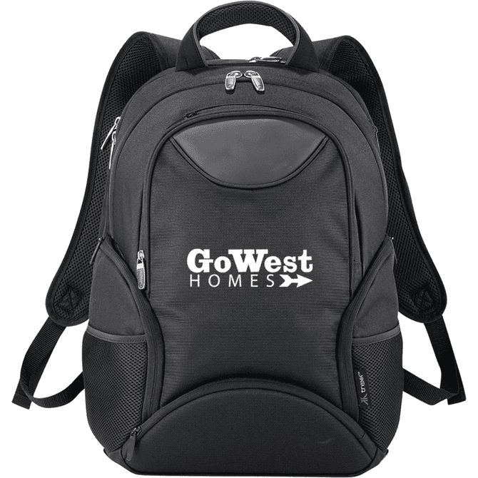 A black 35L computer backpack featuring a front zip pocket and mesh side pockets. The bag includes a logo.