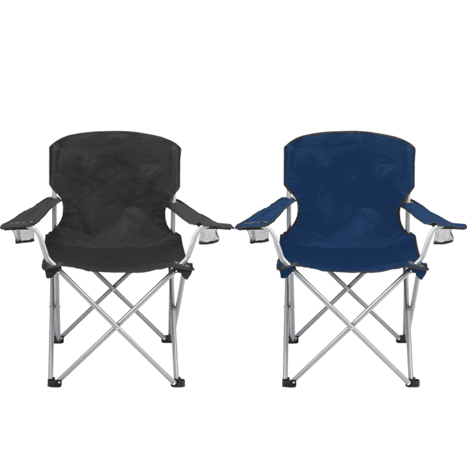 Two oversized folding chairs in black and navy blue, featuring metal frames and armrests. Each chair has a logo.