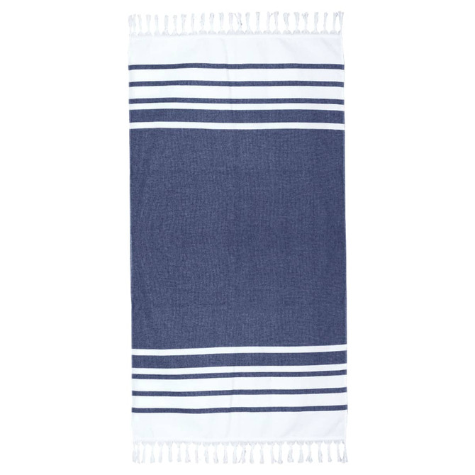 A navy blue and white Turkish beach towel with striped patterns and tasselled edges. It features a logo.