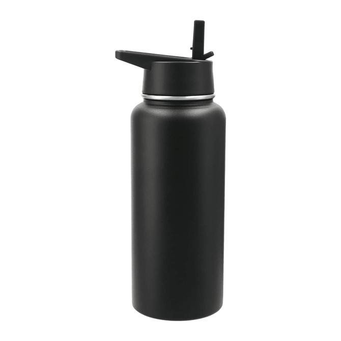 A drink bottle in matte black, featuring a flip-top lid and a straw, with a logo on its surface.
