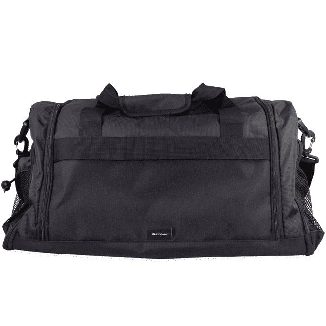 A black duffle bag with mesh pockets and dual handles, featuring a shoulder strap and branding.