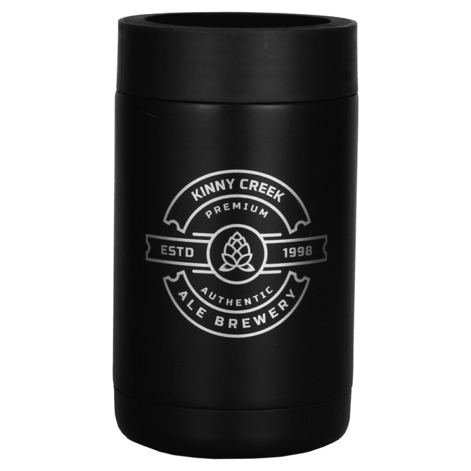 A black stubby holder featuring a logo, designed for keeping drinks insulated.